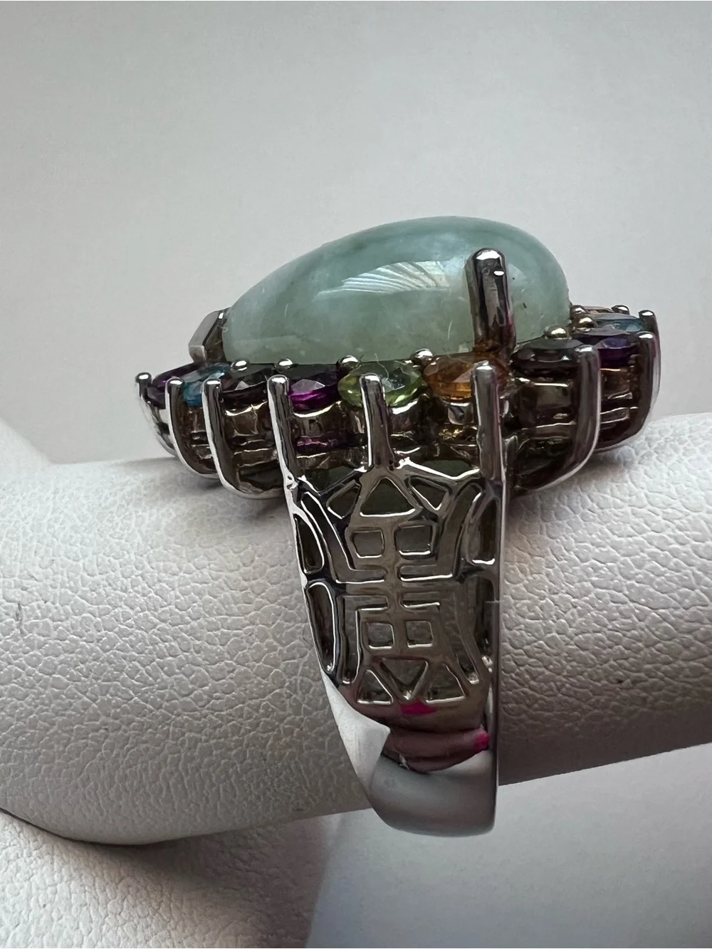 Sterling Silver Green Jade Cabochon Multi Gemstone Halo Cocktail Ring Size 8